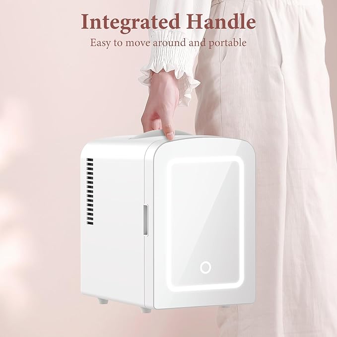 Xbeauty Skincare Mini Fridge With Dimmable LED Mirror, 4L Mini Makeup Refrigerator for SkinCare, Cosmetics, Food & Drinks, Portable Small Refrigerator for Bedroom, Dorm, Car, Office, White