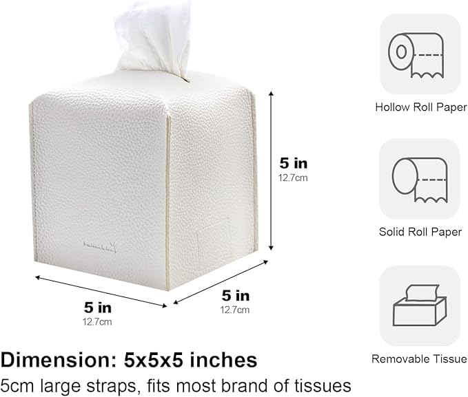 Tissue Box Cover 5X5X5'' PU Leather Tissue Holder Square Tissue Cube Box Organizer for Bathroom Vanity Countertop, Car, Night Stands, Office, Home, Kitchen (1Pack, White)