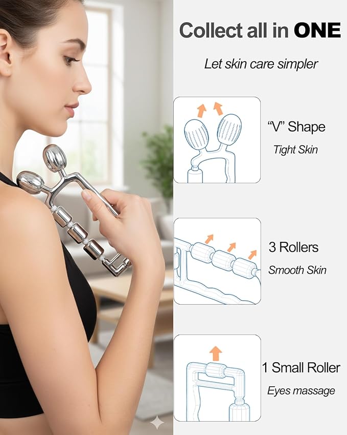 Yeamon Face Roller for Skin Care, 3-in-1 Facial Massager with Cooling Metal, Under Eye Roller for Puffiness, Jawline & Cheek Massage Tool, Gua Sha Set for Women