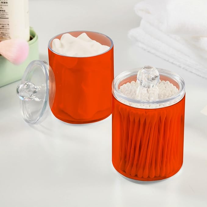 Orange Red Qtip Holder Organizer Dispenser Cotton Swabs Cans Plastic Jars with Lid Set 2 Pack Bathroom Storage Canister for Cotton Ball Floss Cotton Pads