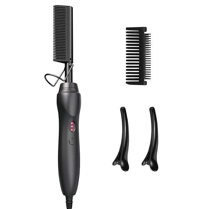 Electric Hot Comb Hair Straightener - Pressing Combs, Ceramic Hair Straightening Comb, Curling Iron for Natural Black Hair Men Beard or Holiday Gift - Black