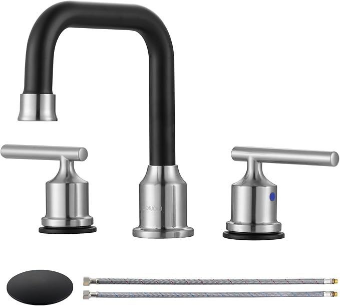 WOWOW 3 Hole Bathroom Faucet Widespread Bathroom Sink Faucet 8 inch, 3 Piece Vanity Tap with Drain, Brushed Nickel and Matte Black Tall Basin Tap 2 Handle