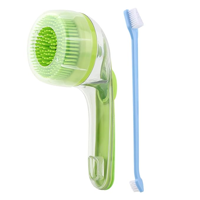 Pet Bath Brush, 2 in 1 Dog Bath Brush with Built-in Shampoo Dispenser, Pet Wash Brush with Double Head Toothbrush, Grooming Massage Brush for Dogs & Cats