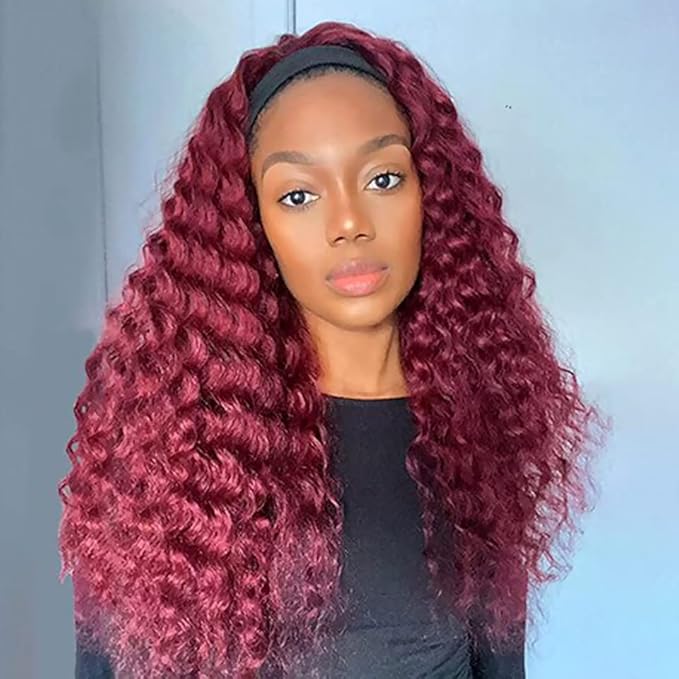 XSY Headband Wig Human Hair 99J Burgundy Deep Wave Headband Wig 16 Inch Red Colored Curly Headband Wig Glueless No Lace Front Wig Brazilian Virgin Human Hair Wigs for Black Women 150% Density