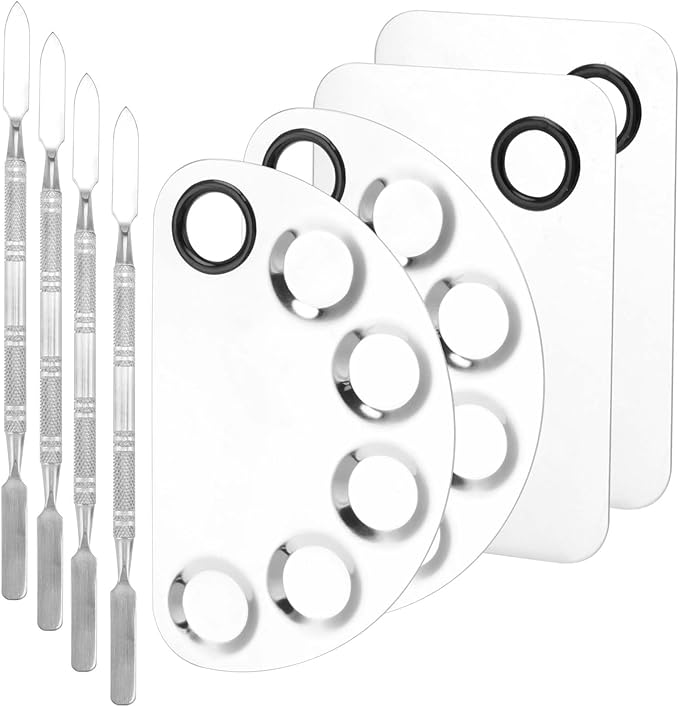 JAPCHET 4 Pack Stainless Steel Metal Makeup Mixing Palette, 6×4 Inch Makeup Palette with Spatula Makeup Palette Mixer Tray for Color Mixing and Makeup, Silver