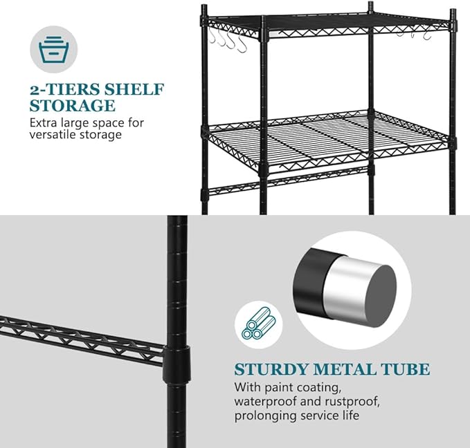 KELIXU Mini Fridge Shelf 2-Tier Metal Mini Fridge Stand with Storage, Adjustable Height Microwave Stand Multifunctional Rack for Dorm, Kitchens, Offices, Easy to Install, 52” H x 24” W x 18” D, Black