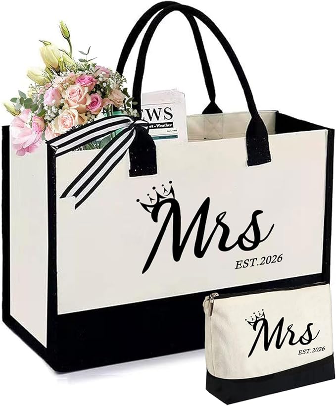 Mrs 2026 Bride Canvas Tote Bag, Gifts for Wedding BridalShower, mrs 2026 bag with Makeup Bag，Bachelorette Party, Bride to be Gifts, Miss to Mrs Bag,Christmas Personalized Bridesmaid Gift