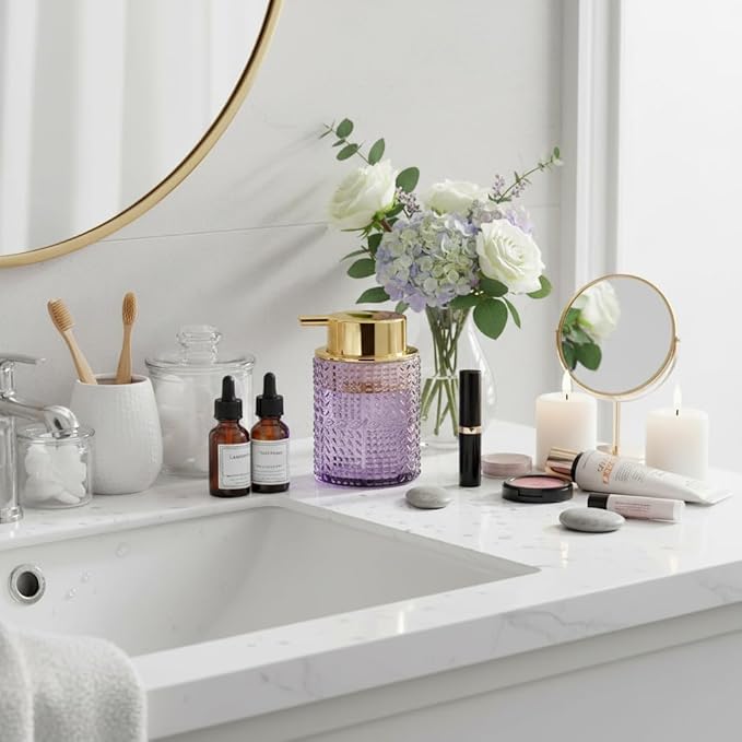 Foaming Soap Dispenser, 2pcs Purple Glass Foam Soap Dispenser with Gold Pump, Refillable 10oz Lotion Liquid Container Pump Bottle for Bathroom Kitchen Countertop
