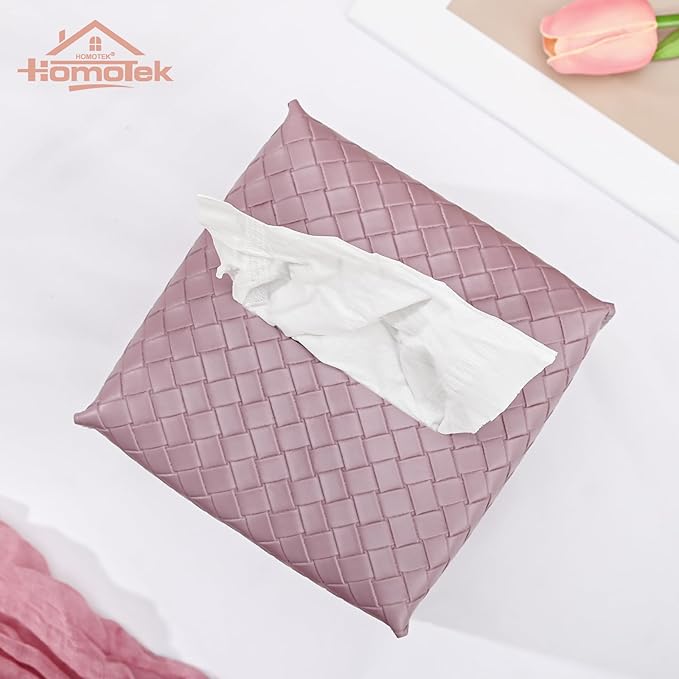 HOMOTEK 2 Pack Tissue Box Cover, Square PU Leather Tissue Holder, Decorative Facial Tissue Cube Paper Organizer Dispenser for Bathroom, Night Stands, Desk, Car 5X5X5'' - Woven Waffle,Plum Red