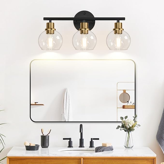 3-Light Bathroom Light Fixtures, Black and Gold Bathroom Lights Over Mirror with Clear Glass Globe Shade, Vanity Lights for Bathroom Kitchen Living Room Hallway Cabinet Bedroom Porch