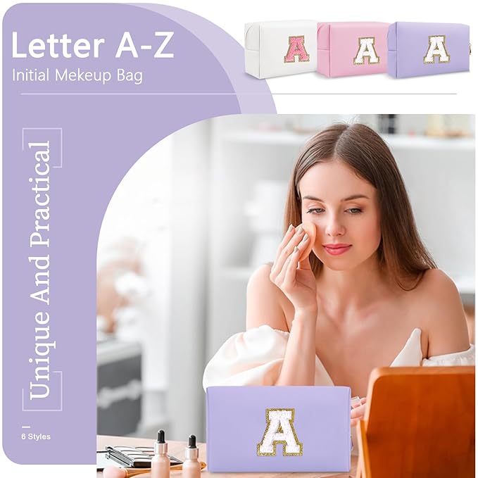 Personalized Makeup Bag Initial A-Z Preppy Patch Bag,Small PU Leather Travel Cosmetic Bag Pouch with Zipper,Purple Cute Toiletry Bag,Gift Ideal for Teen Girls Women Birthday Friend Mom,Latter A