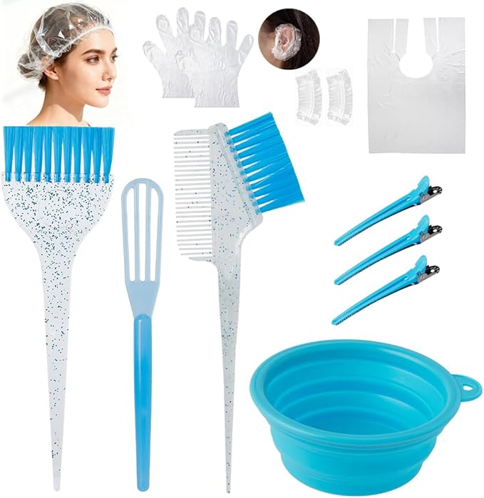 Hair Dye Color Brush and Bowl Set, Color Bowl Brushes Tool Mixing Bowl Kit Tint Comb for Hair Tint Dying Coloring Applicator (Light Blue&Clear)