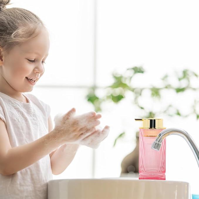 Foaming Soap Dispenser, Pink Glass Foam Hand Soap Dispenser with Gold Pump, 14 Oz Bathroom Refillable Liquid Lotion Pump Ribbed Bottle Container for Kitchen Countertop Decor, 1