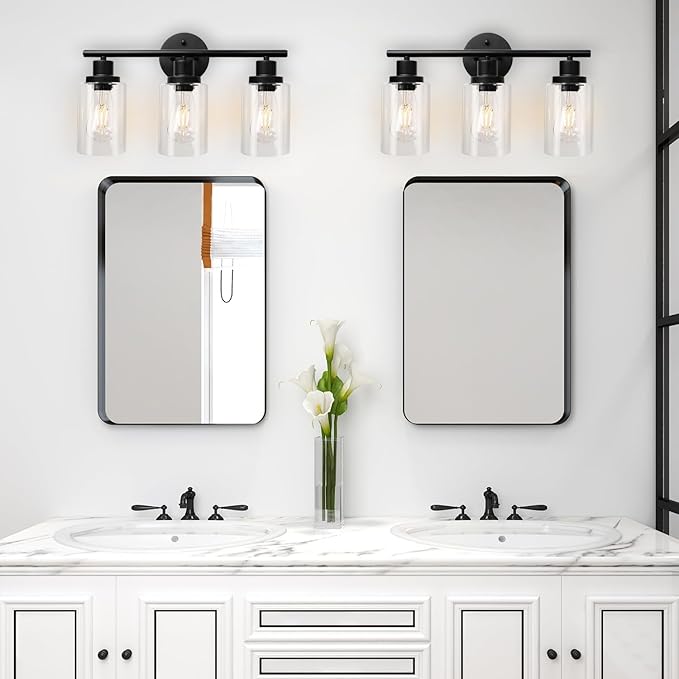 Unicozin Modern Bathroom Light Fixtures, 3 Light Vanity Lights, Black Wall Lamp with Clear Glass for Bathroom, Mirror, Living Room, Bedroom, Hallway, E26 Base