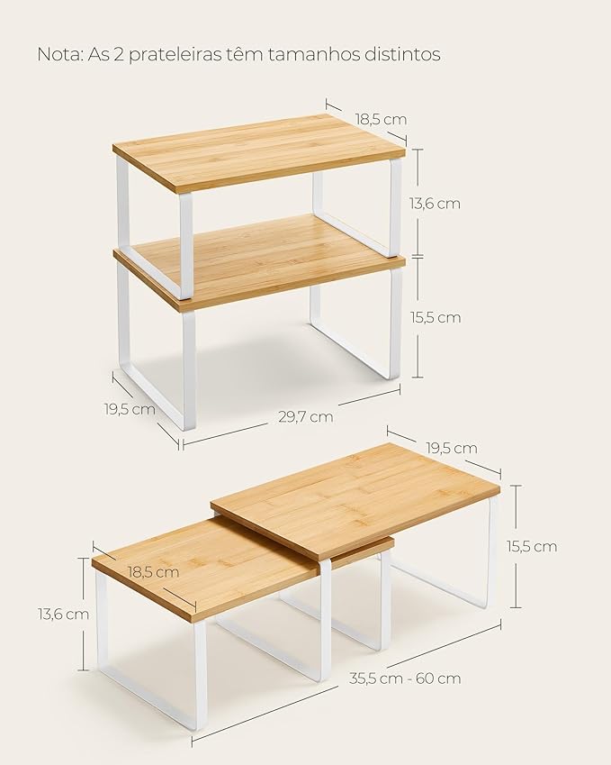 SONGMICS Cabinet Organizer Shelf, Set of 2 Kitchen Counter Shelves, Kitchen Storage, Spice Rack, Stackable, Expandable, Metal and Engineered Wood, Cloud White and Natural Beige UKCS02NW