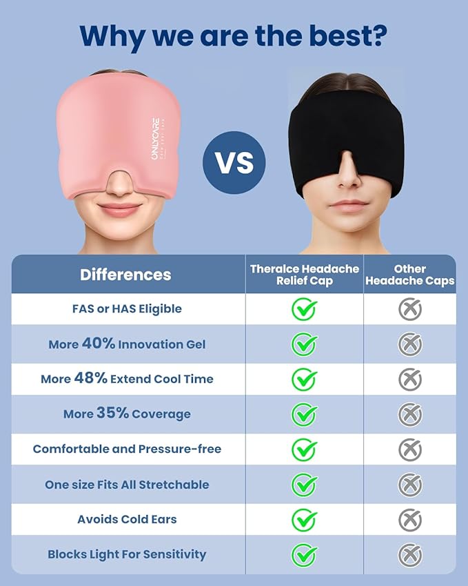 Upgraded Migraine Relief Cap, ONLYCARE Headache Relief Cap, Soothing Migraine Mask, Odorless Gel Ice Head Wrap, Hot & Cold Therapy, Reusable Ice Pack for Tension and Stress, Pink