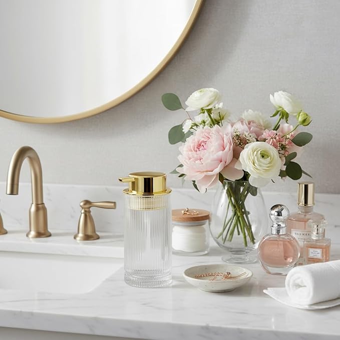 14 Oz Foaming Soap Dispenser, Clear Glass Soap Dispenser, Refillable Foam Pump Bottle Lotion Container with Gold Pump, Decorative Slim Ribbed Bottle for Bathroom and Kitchen Decor
