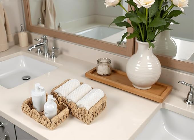 Wicker Bathroom Basket Tray Organizer w/Scalloped for Toilet Paper, Small Rattan Decorative Basket for Bathroom Decor, Farmhouse Home Decor, Living Room and More, Natural Water Hyacinth