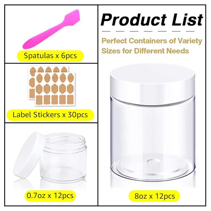 8oz Slime Containers with Lids 8 oz Plastic Jars with White Lids + 20g Sample Jars (Set of 24) Airtight Container for Lip Scrub, Body Butters, Cream, Slime, Craft Storage