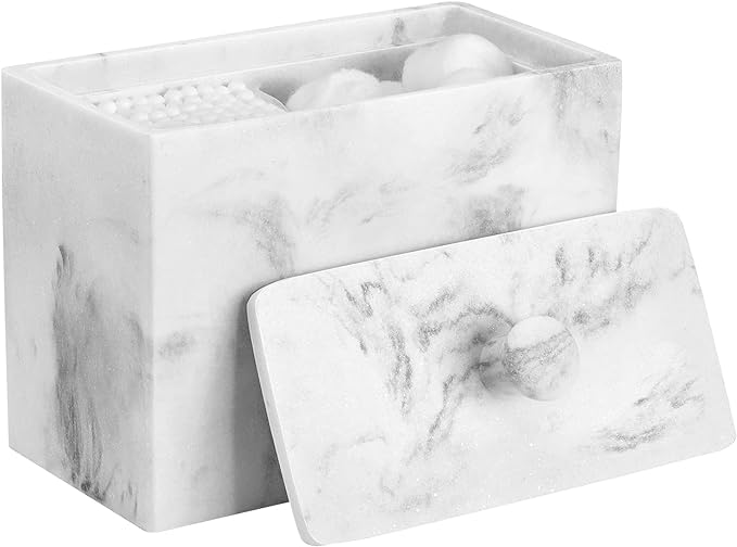 Luxspire Cotton Swab Holder, Resin Canister with Lid, 2 Compartments Dispenser Storage Box Cosmetics Countertop Organizer Containers for Pads, Rounds - Gravel White