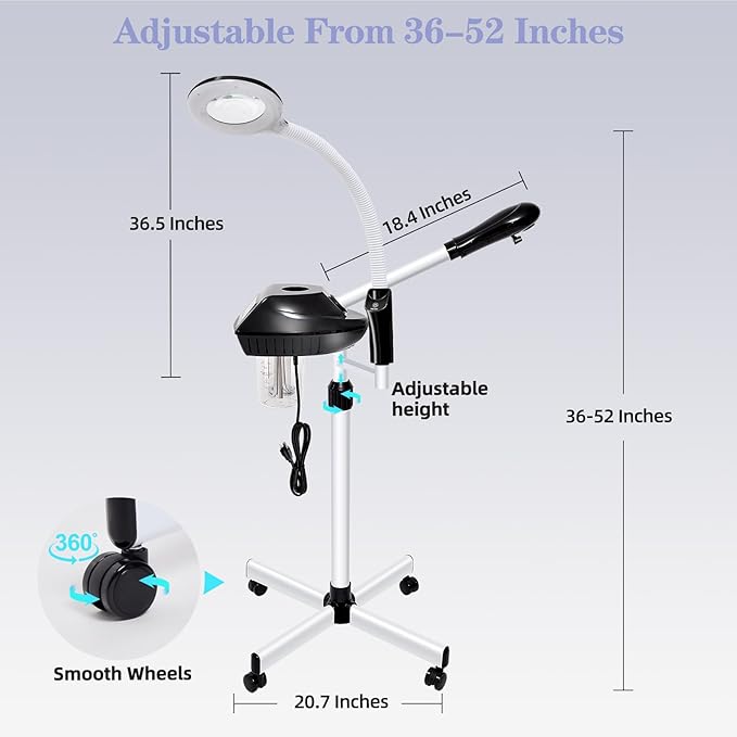 Professional Facial Steamer, 2 in 1 Facial Steamer with 5X Magnifying Lamp for Deep Cleansing and Hydration, Face Steamer on Wheels with Time Setting, Estheticians Steamer for Spa, Salon and Home Use