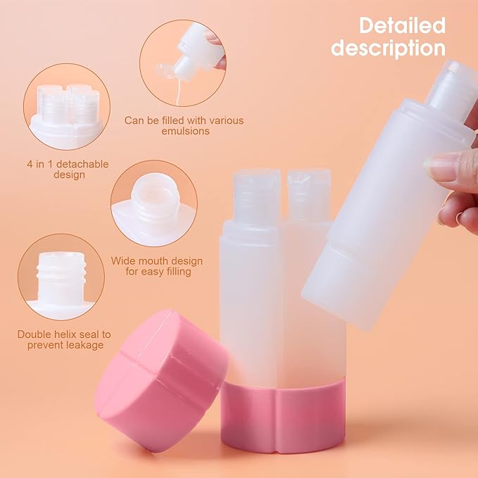 Olatay 4-in-1 Leak-Proof Bottle, 4 * 60ml/2oz, with 2 Pre-printed Labels for Travel Gym Camping, Carry-On Travel Size Toiletries Shampoo Lotion Bottle