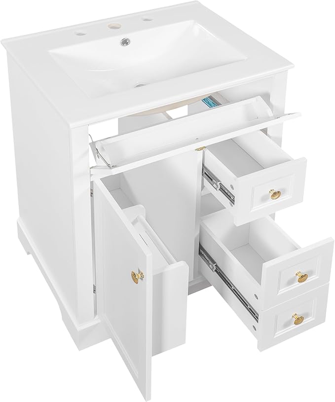Harper & Bright Designs 24" Bathroom Vanity with Sink, Free Standing Bathroom Vanity Set with Flip Drawer, 2 Drawers, and Storage Rack, Wood Storage Cabinet with Ceramic Basin for Bathroom, White