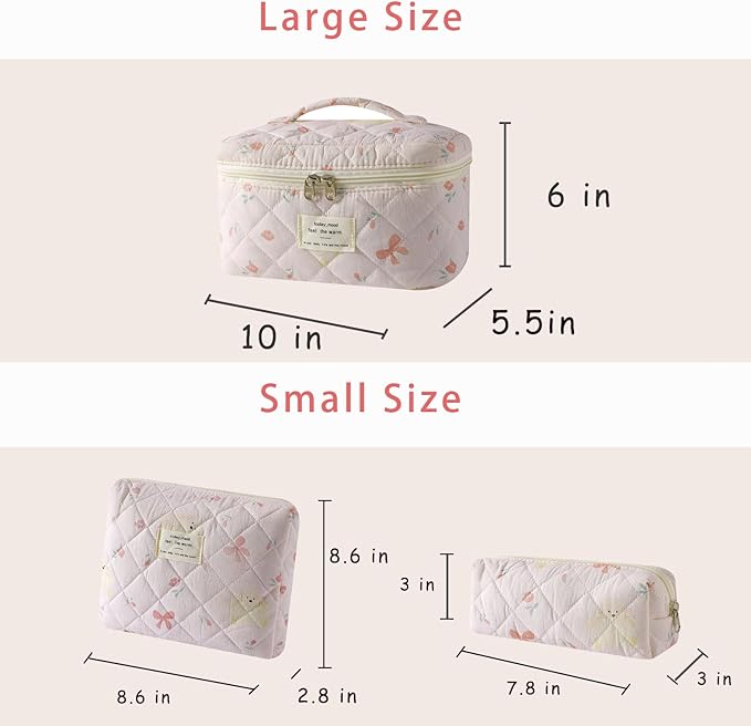 uekeboag 3Pcs Quilted Cotton Makeup Bag,Coquette Quilted Toiletry Bag for Women and Girls,Floral Coquette Pouch,Cute Kawaii Travel Cosmetic Bags(3Pcs Bear Bow)