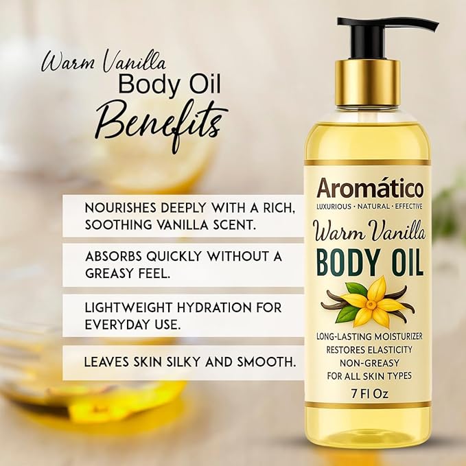 Warm Vanilla Body Oil for Women - 7 fl oz | Moisturizing After Shower Body Oil for Daily Use | Cozy, Creamy Vanilla Scent