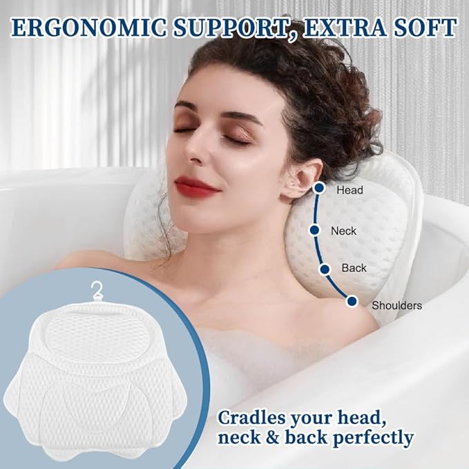 Bath Pillow Bathtub Pillow, Luxury Bath Pillows for Tub Neck and Back Support, Tub Pillow for Bathtub Headrest with Laundry Bag, Bath Accessories for Women Relaxing Spa Gifts, White Bath Tub Pillow