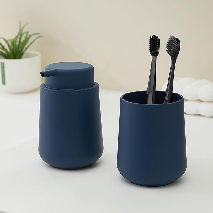 Matte Navy Blue Foaming Hand Soap Dispenser Plastic 11 oz - Modern Minimalist Style for Bathroom & Kitchen Countertop Refillable