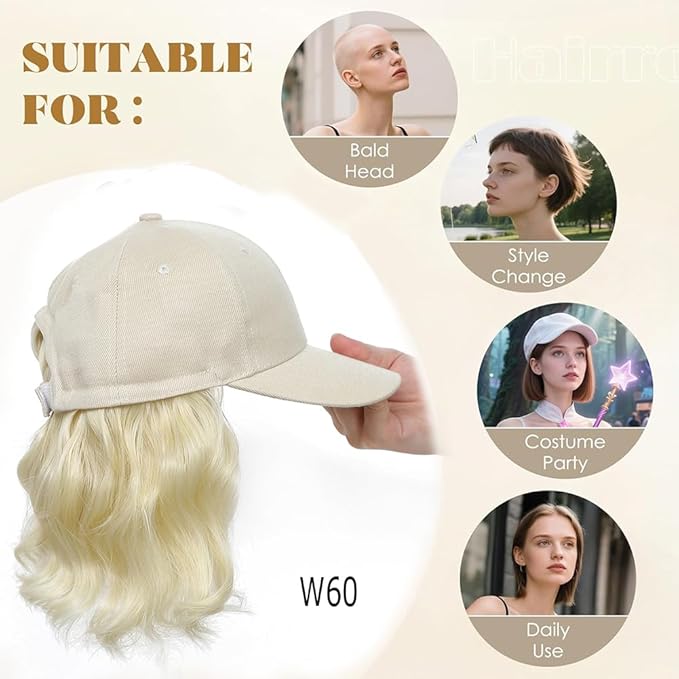 GUOJIAN Hat Wigs for Women 6' Short Wave Baseball Cap Wigs with Curly Hair Extensions Synthetic Wave Wig Adjustable Hat with Hair Attached for Daily Use (W60, 6inch)