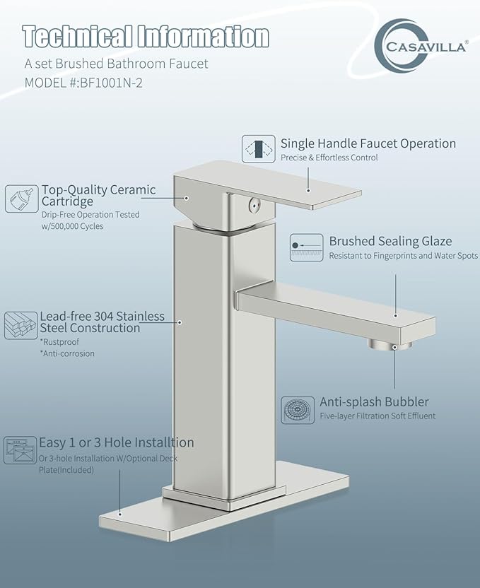 Bathroom Faucets, Bathroom Sink Faucet with Pop-up Sink Drain Stopper & Deck Plate 1 or 3 Hole, Single Handle Modern Farmhouse RV Faucet, Brushed Sealing Glaze
