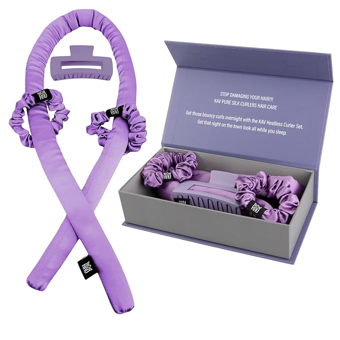 KAV 100% Mulberry Silk Heatless Curling Rod Headband Set with Clip & Scrunchies – Overnight Heatless Hair Curler for Women, No Heat Damage, Soft Hair Roller for Natural Curls & Waves