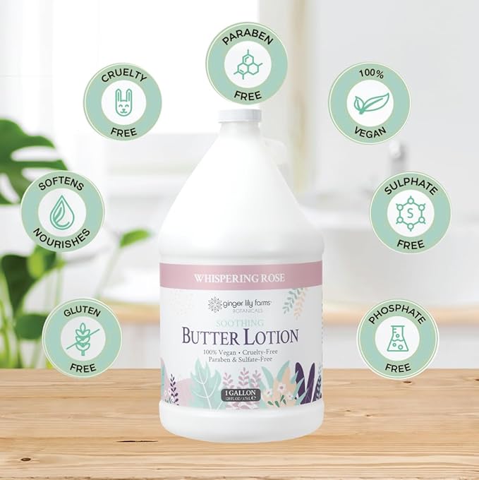 Ginger Lily Farms Botanicals Soothing Butter Lotion for Dry Skin, 100% Vegan & Cruelty-Free, Whispering Rose Scent, 1 Gallon (128 fl oz) Refill