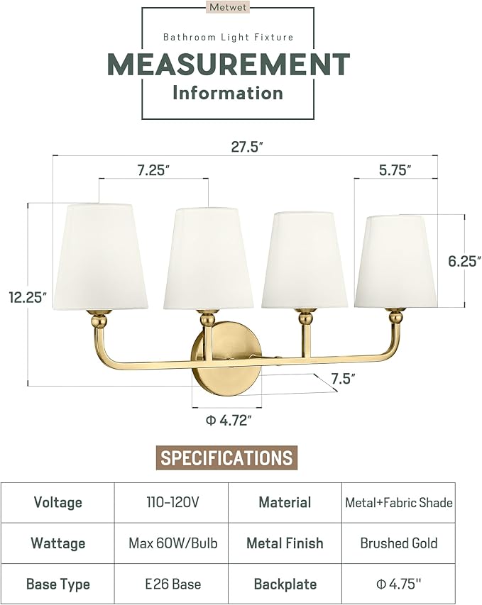 4-Light Bathroom Light Fixtures, Brushed Gold Vanity Lights with Flared Beige Fabric Shade, 28 Inch Wall Sconce, Vintage Sconces Wall Lighting for Hallway Bedroom, VL837-BG-B-4