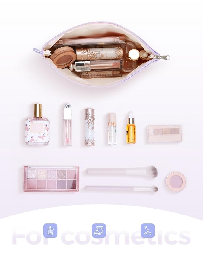 WANDF Cosmetic Bag for Women Makeup bag Organizer Mini Makeup Pouch for Purse Water Resistant Leathe Small(M-Purple)