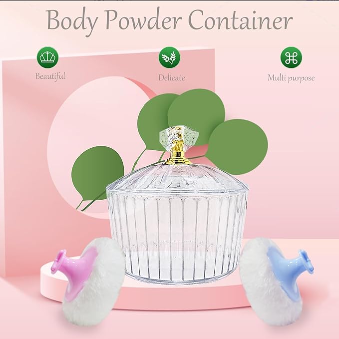 3 Pcs Body Powder Puff and Container, 3.15 inch Large Soft Face Body Powder Puff Dish Fluffy for Women