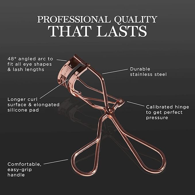 Brilliant Beauty Eyelash Curler with Satin Bag & Refill Pads - Award Winning - No Pinching, Just Dramatically Curled Eyelashes for a Lash Lift in Seconds (Rose Gold)