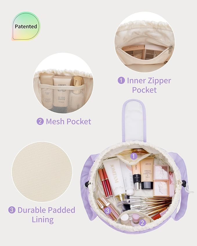 Narwey Quilted Drawstring Makeup Bag, Large Cosmetic Bag Cute Make up Bags Toiletry Bag Travel Bags for Toiletries Organizer for Women Gift for Teen Girls (Purple) (Patent)
