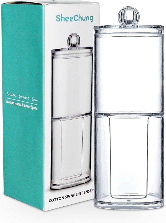 SheeChung 2-Pack Clear Acrylic Qtip Holder - Shatterproof Apothecary Jars for Bathroom Organization - Vanity Storage Canisters for Cotton Swabs, Balls, Pads, Floss Picks - Modern Decor