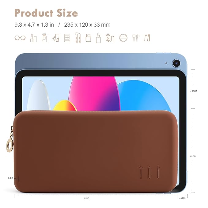 FVION Zipper Makeup Brushes Bag For Travel, Large Silicone Makeup Brush Holder, Make Up Brushes Pouch Case for Makeup Tools - Brown