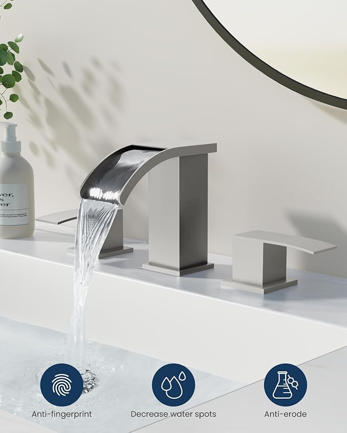 gotonovo Waterfall 8 inch Widespread Bathroom Faucet Set Bathroom Sink Faucet 3 Hole 2 Handle Vanity Lavatory Deck Mount with Pop Up Drain and Water Supply Lines Square Body Brushed Nickel