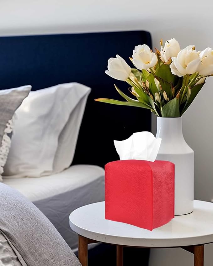 Red Tissue Box Cover Square – with Bottom Belt [JESMINI, Red] Modern PU Leather Tissue Cube Box Holder Decorative for Bathroom Vanity Countertop/Night Stands/Office Desk, 5x5x5
