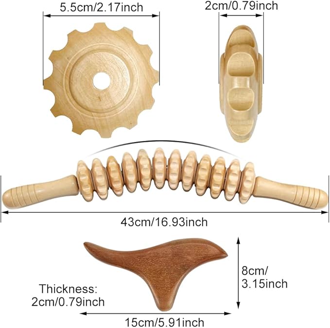 Wooden Massage Roller Stick with Triangle Massager, 12 Rollers Curved Wood Therapy-Massage Tool for Cellulite Reduction and Muscle Tension, 16.9inch