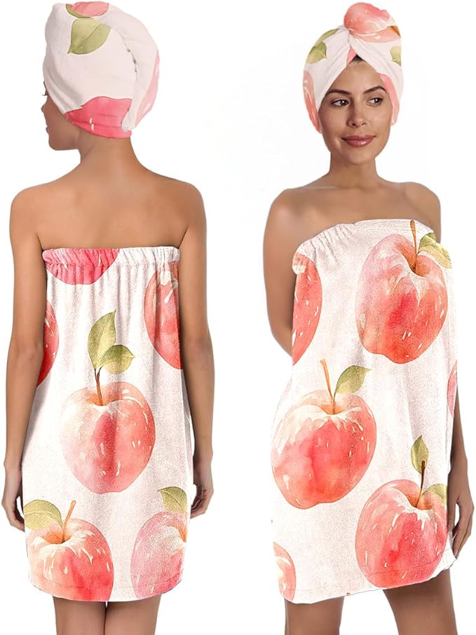 Women’s Apple Print Bath Wrap and Hair Towel Set, Soft Absorbent Microfiber Quick-Dry Shower Body Skirt with Elastic Closure, Lightweight Spa Towel for Home, Gym & Travel (Apple 1)