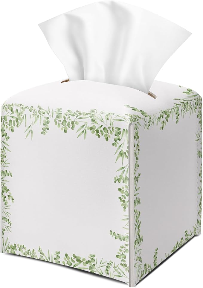 Greenery Tissue Box Cover Square with Bottom Belt, Leather Waterproof Tissue Holder Facial Paper Case Decorative for Tabletop Home Office Bathroom Car Decor -03