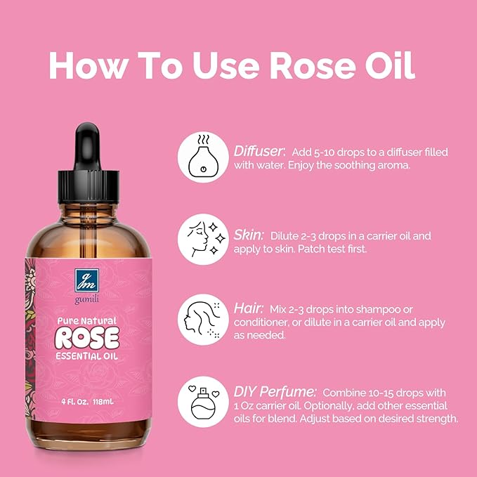 Rose Essential Oil for Face, Hair, Body, Skin, Aromatherapy, Essential Oils Diffuser, DIY Blends - 4 Oz