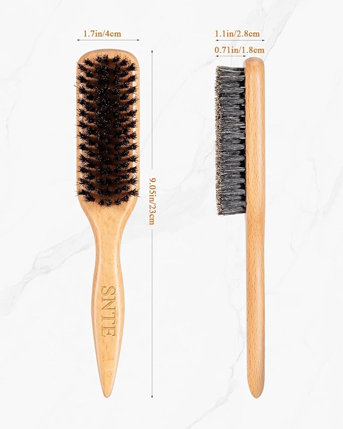 100% Boar Bristle Slick-Back Brush | Natural Wooden Styling Tool to Restore Shine & Frizz Control, Smooth Flyaways | Teasing to Add Volume | Perfect for Sleek Ponytails, Buns & Men's Beard Grooming