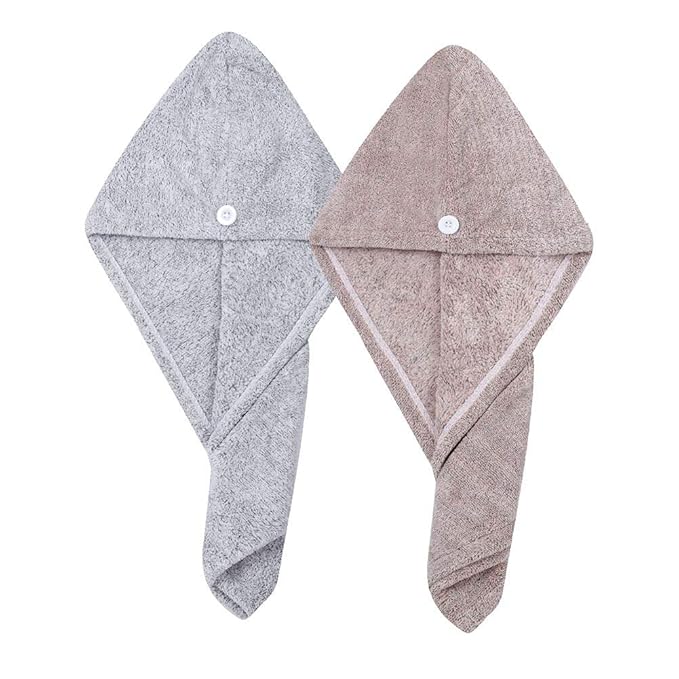 2 Pack Hair Towel Wrap,Rapid Carbon Fiber Hair Drying Towel with Buttons, Microfiber Hair Towel for Drying Curly Hair,Anti-frizz (Star Gray&Star Pink)